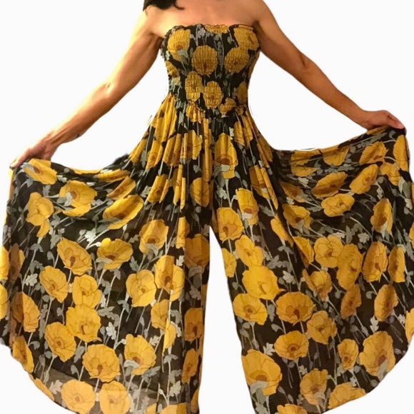 Free People XS Summer Floral Jumpsuit Blue/Yellow/Brown - Picture 2 of 6